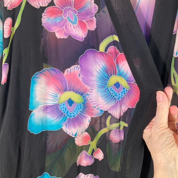 Womens Drapers & Damons Silk Floral Kimono Cover Black Multicolored 1X - Picture 4 of 7